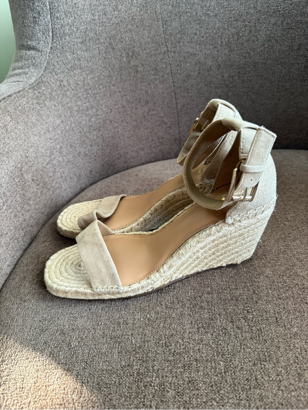 Vince Camuto Beige Espadrille Wedge Sandals with Ankle Strap